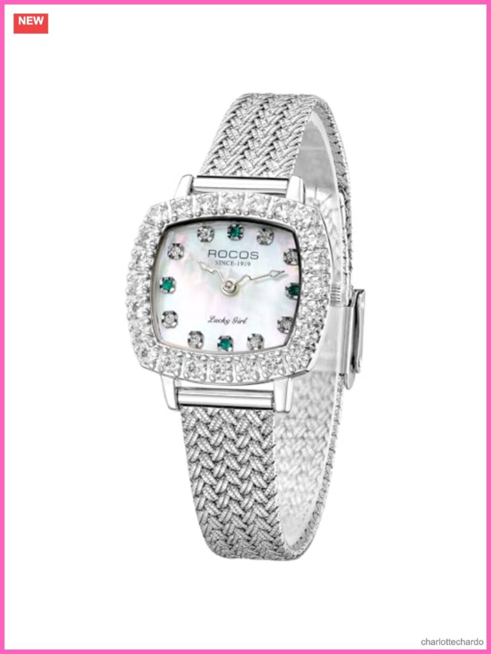 Luxury Silver Diamond Ladies Watch Square Quartz Mother-of-Pearl Dial